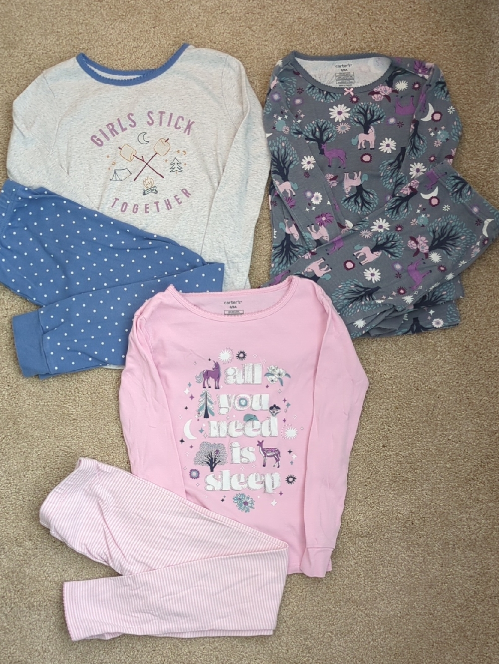 Carter's Girls Pajama Set Of 3 Pairs- Pink, Gray, Blue